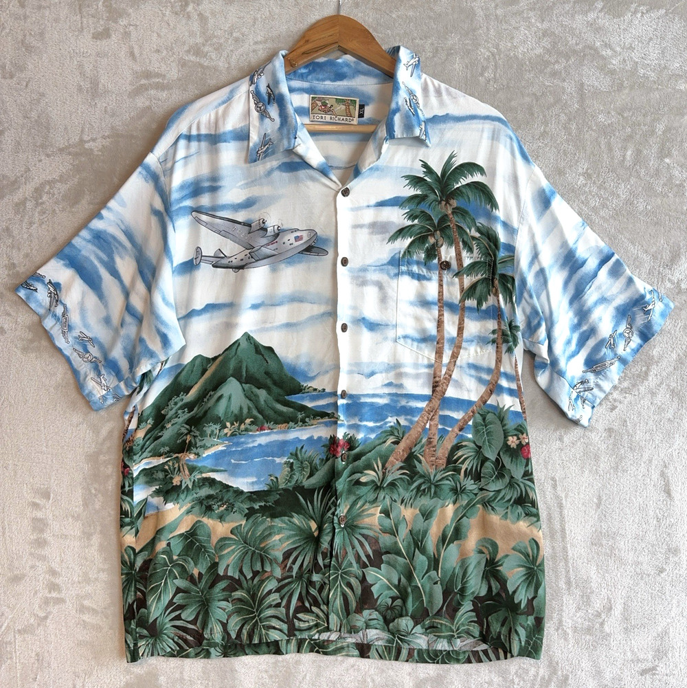 Vintage 90s Tori Richard Aviation Hawaiian Shirt Men's XL Rayon Resortcore Party